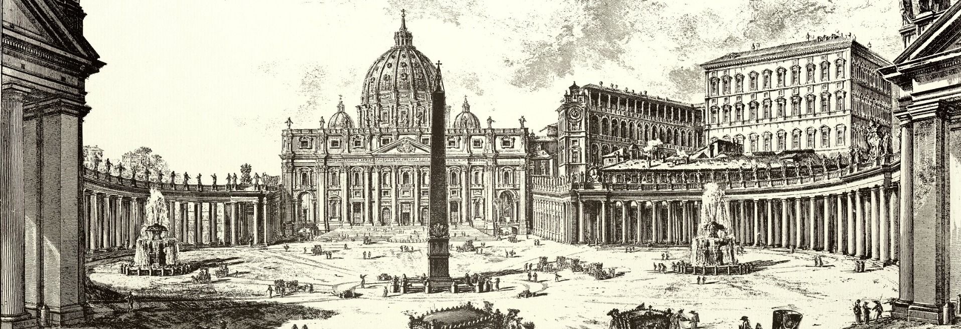 Dieser zeitgenössische Stich von Giovan Battista Piranesi zeigt die Ansicht des Petersplatzes in Rom mit Peterskirche und Vatikan.